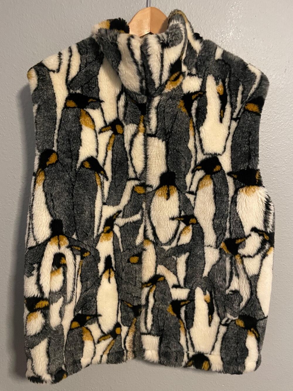 Vintage Starfire Vest Womens Large Penguin Faux Fur Fleece Zip Animal Print Cozy
